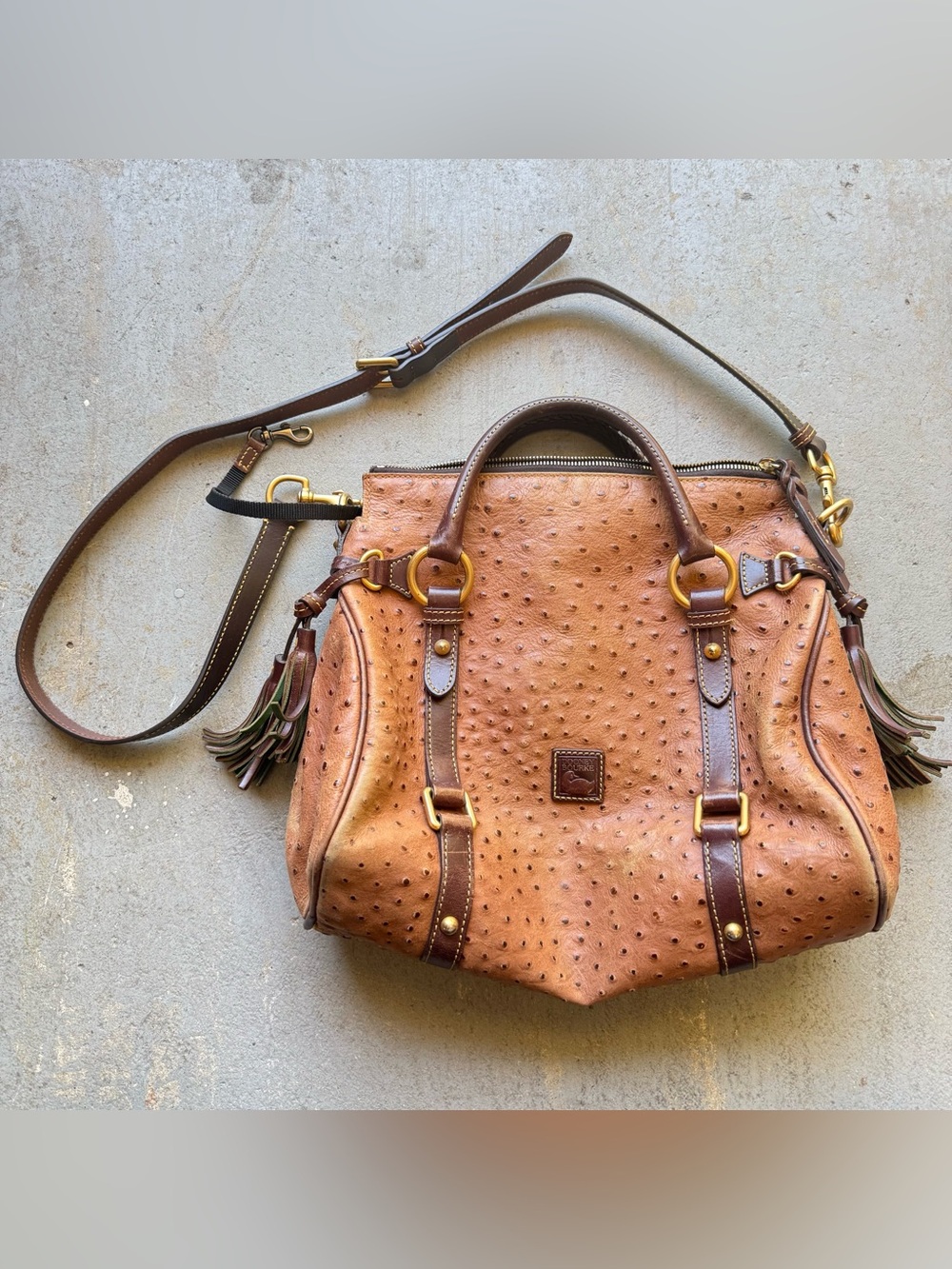 Dooney & Bourke Tan Ostrich-Texture Satchel with Brown Trim